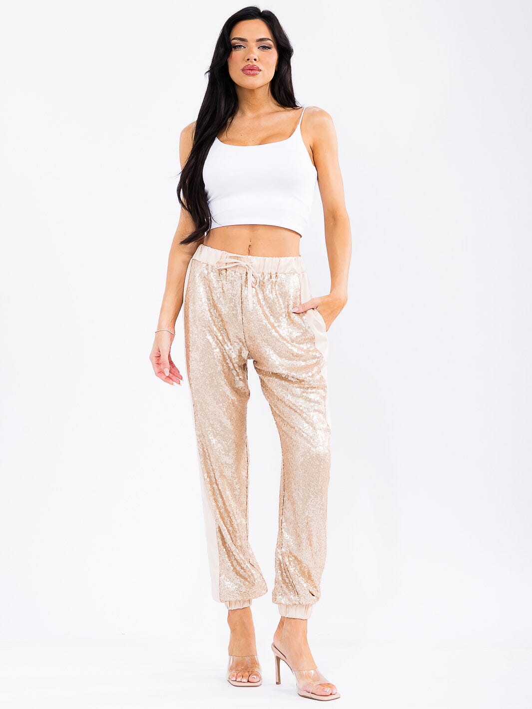 WOMEN'S ELASTIC WAIST POCKETS SEQUINS JOGGER PANTS