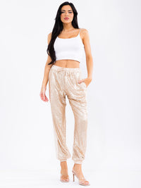WOMEN'S ELASTIC WAIST POCKETS SEQUINS JOGGER PANTS