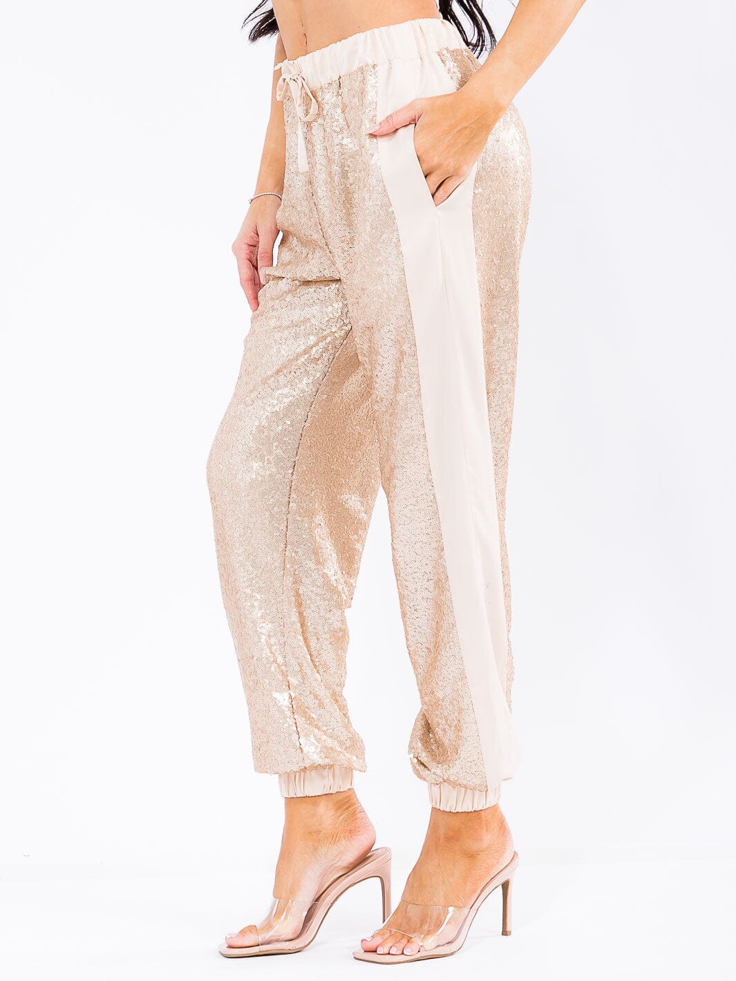 WOMEN'S ELASTIC WAIST POCKETS SEQUINS JOGGER PANTS