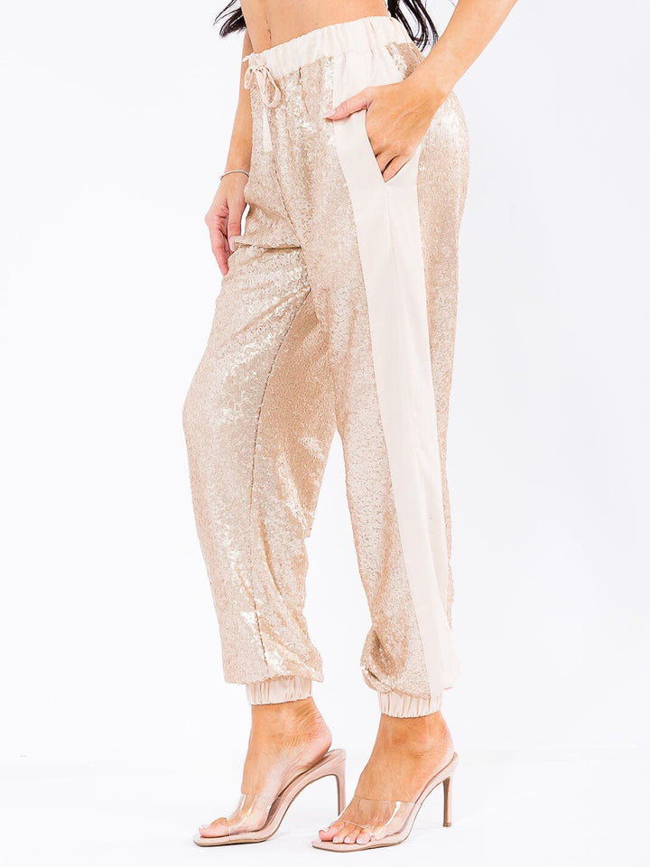WOMEN'S ELASTIC WAIST POCKETS SEQUINS JOGGER PANTS