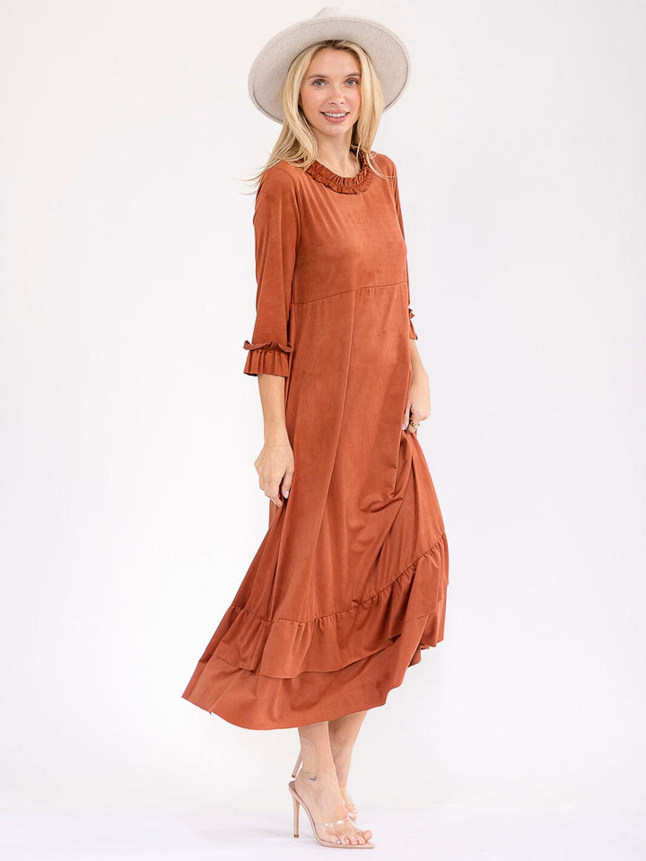 WOMEN'S 3/4 SLEEVE FRONT POCKETS RUFFLE BOTTOM HEM LOOSE FIT MAXI DRESS