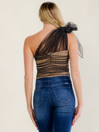 WOMEN'S ONE SHOULDER POLKA DOT CHIFFON RUCHED CROP TOP