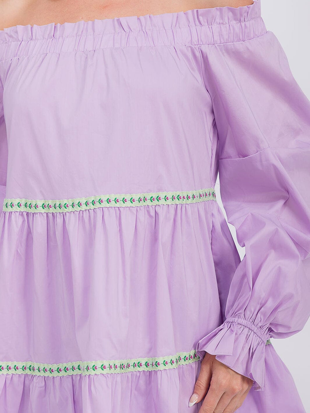 WOMEN'S LONG SLEEVE OFF SHOULDER TRIM DETAILED TIERED MINI DRESS