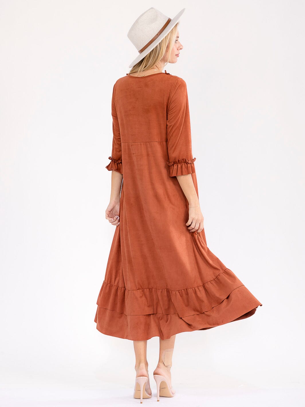 WOMEN'S 3/4 SLEEVE FRONT POCKETS RUFFLE BOTTOM HEM LOOSE FIT MAXI DRESS