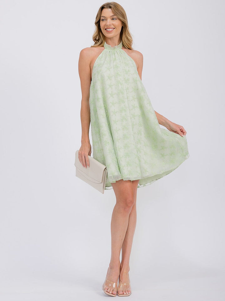 WOMEN'S SLEEVELESS HALTER NECK CROCHET FLORAL MINI DRESS