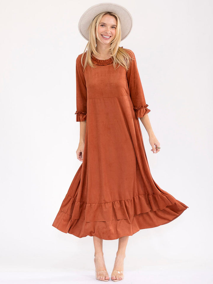 WOMEN'S 3/4 SLEEVE FRONT POCKETS RUFFLE BOTTOM HEM LOOSE FIT MAXI DRESS