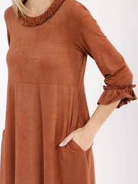 WOMEN'S 3/4 SLEEVE FRONT POCKETS RUFFLE BOTTOM HEM LOOSE FIT MAXI DRESS