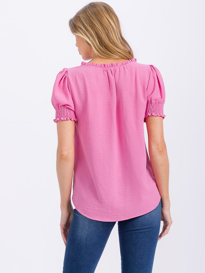 WOMEN'S SHORT PUFF SLEEVE V-NECK BLOUSE