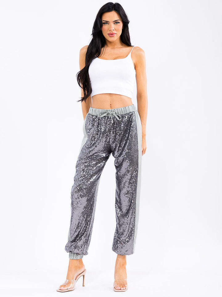 WOMEN'S ELASTIC WAIST POCKETS SEQUINS JOGGER PANTS