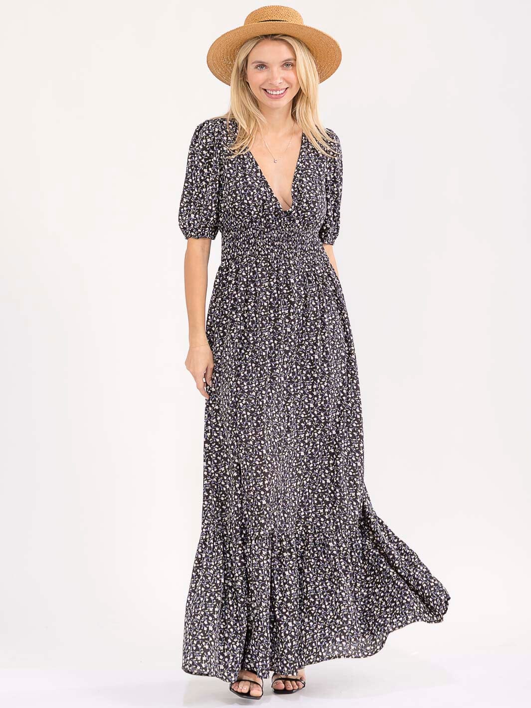 WOMEN'S SHORT SLEEVE SURPLICE SMOCK WAIST FLORAL TIERED OPEN BACK MAXI DRESS