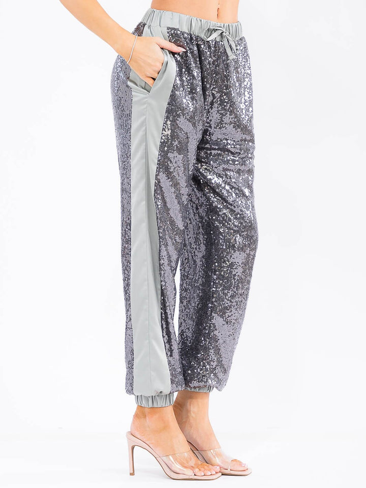 WOMEN'S ELASTIC WAIST POCKETS SEQUINS JOGGER PANTS
