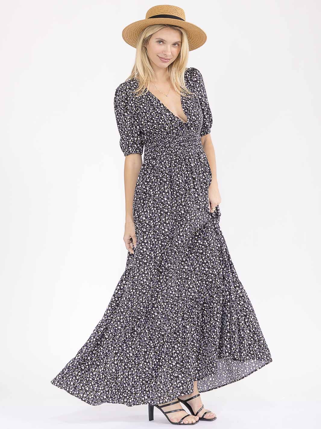 WOMEN'S SHORT SLEEVE SURPLICE SMOCK WAIST FLORAL TIERED OPEN BACK MAXI DRESS