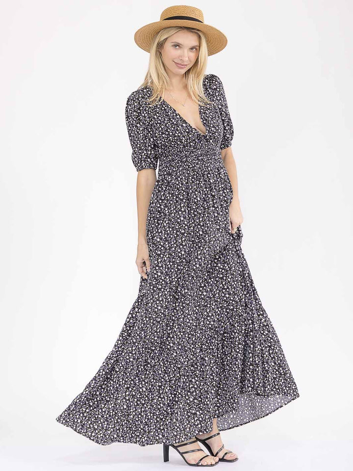 WOMEN'S SHORT SLEEVE SURPLICE SMOCK WAIST FLORAL TIERED OPEN BACK MAXI DRESS