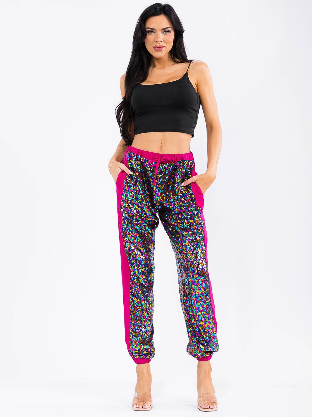 WOMEN'S ELASTIC WAIST POCKETS SEQUINS JOGGER PANTS