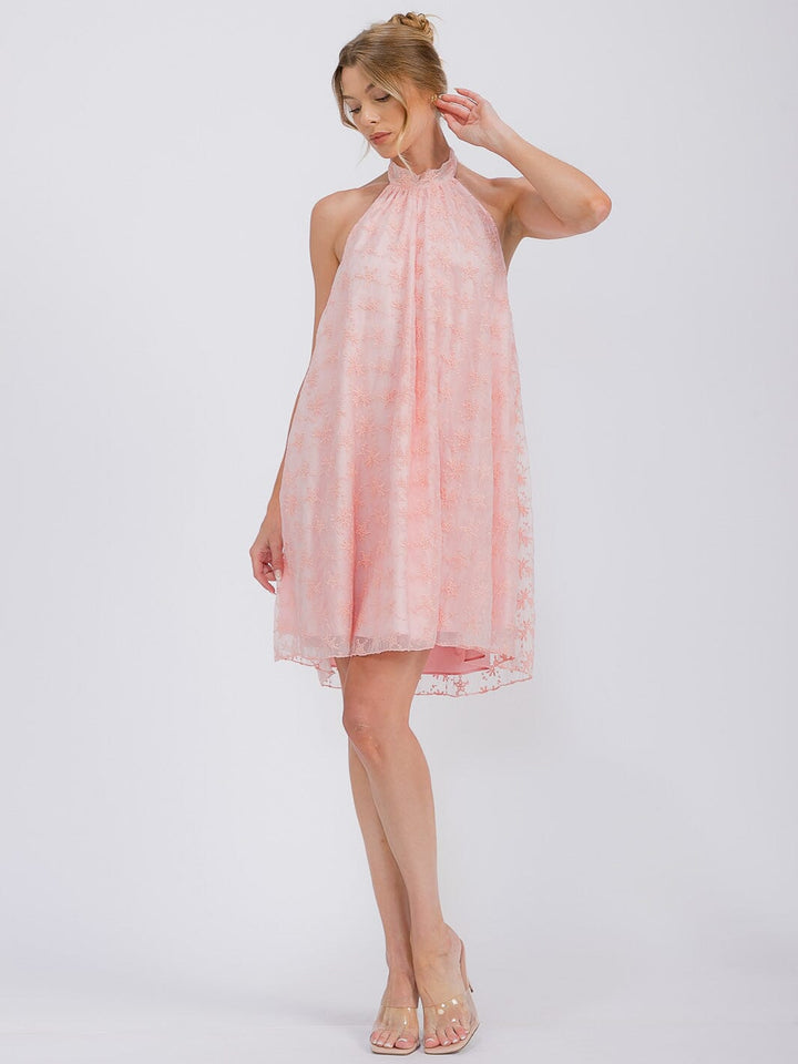 WOMEN'S SLEEVELESS HALTER NECK CROCHET FLORAL MINI DRESS