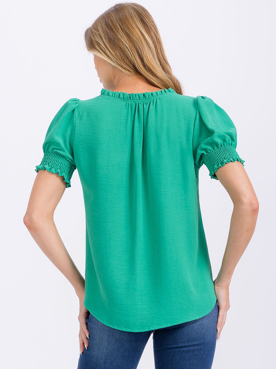 WOMEN'S SHORT PUFF SLEEVE V-NECK BLOUSE