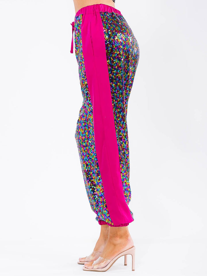WOMEN'S ELASTIC WAIST POCKETS SEQUINS JOGGER PANTS
