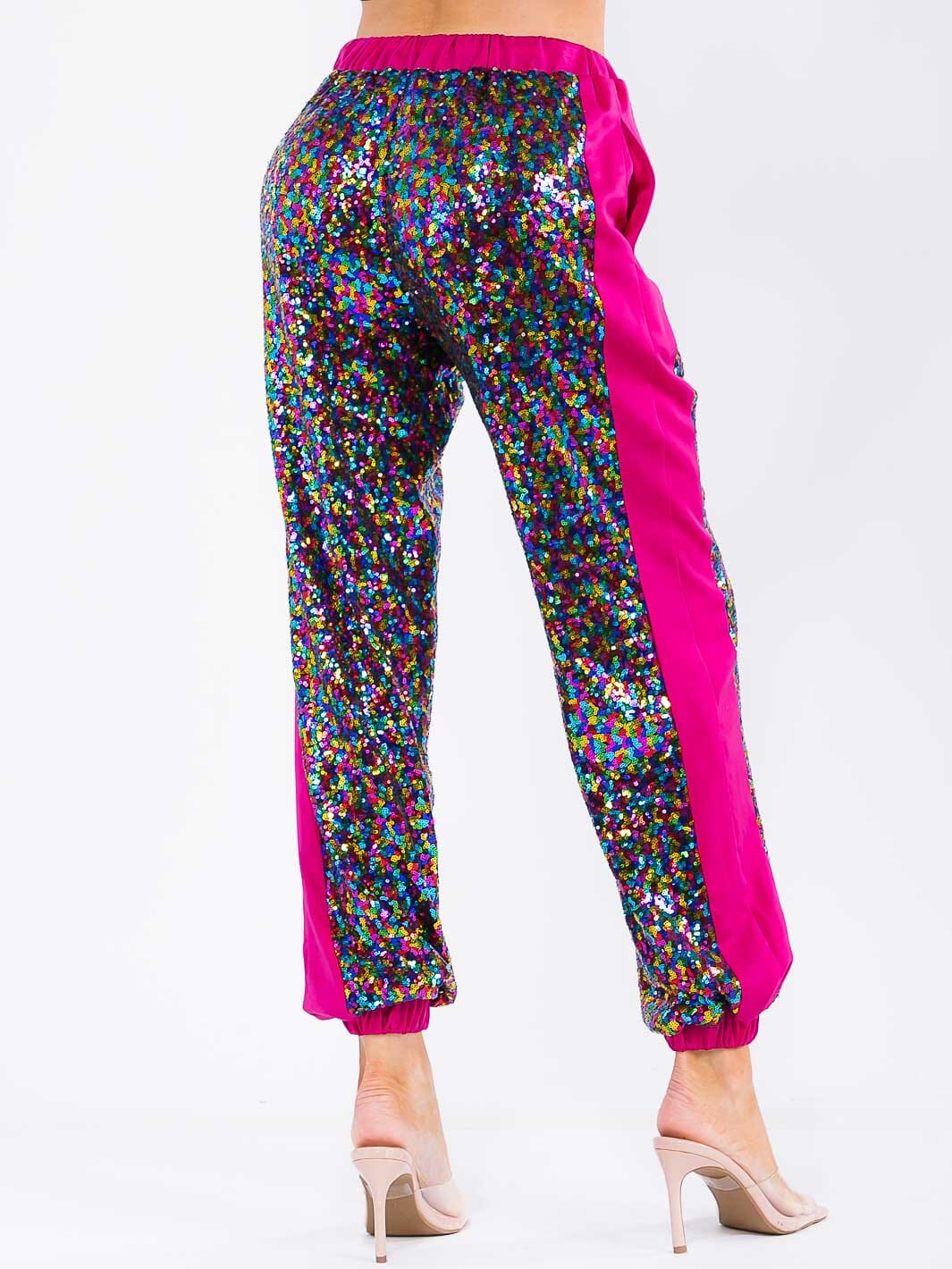 WOMEN'S ELASTIC WAIST POCKETS SEQUINS JOGGER PANTS