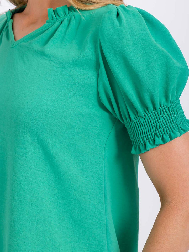 WOMEN'S SHORT PUFF SLEEVE V-NECK BLOUSE