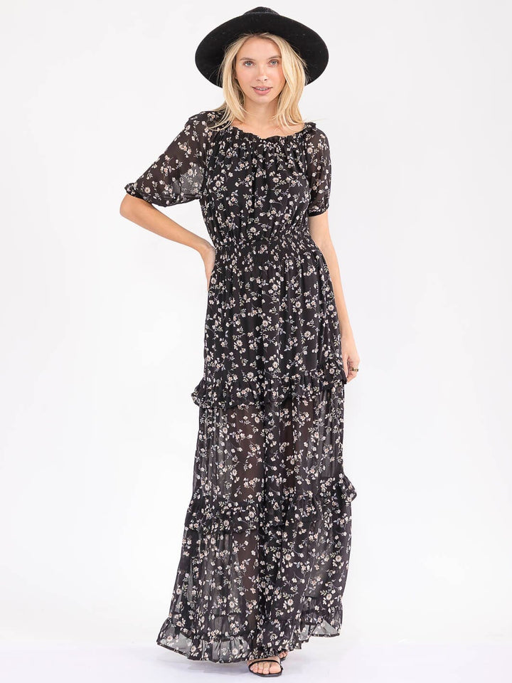 WOMEN'S SHORT SLEEVE SMOCK WAIST FLORAL TIERED MAXI DRESS
