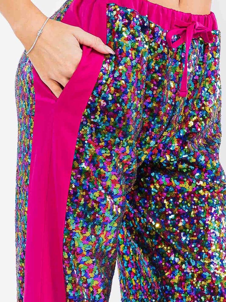 WOMEN'S ELASTIC WAIST POCKETS SEQUINS JOGGER PANTS