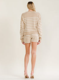 WOMEN'S LONG SLEEVE PULLOVER SWEATER & ELASTIC WAIST SHORTS COLORBLOCK STRIPES KNIT 2PC.SET
