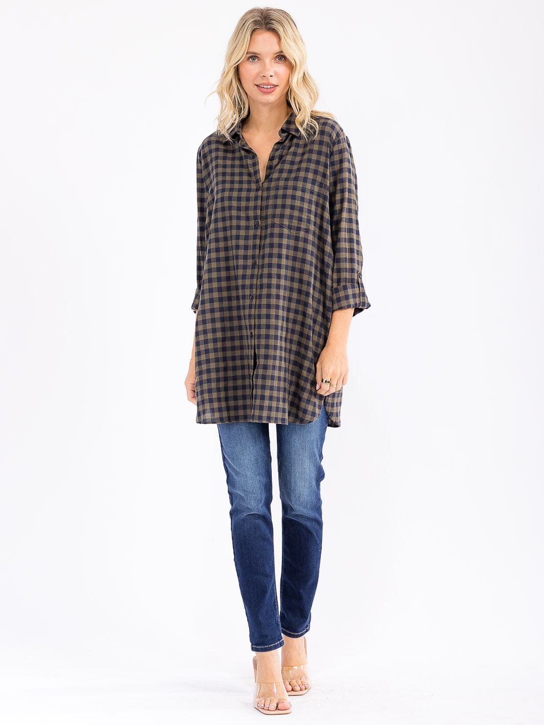 WOMEN'S LONG SLEEVE BUTTON UP TUNIC PLAID SHIRT