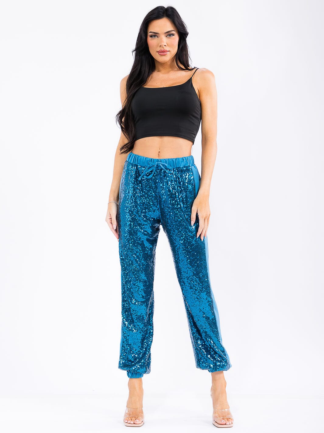 WOMEN'S ELASTIC WAIST POCKETS SEQUINS JOGGER PANTS
