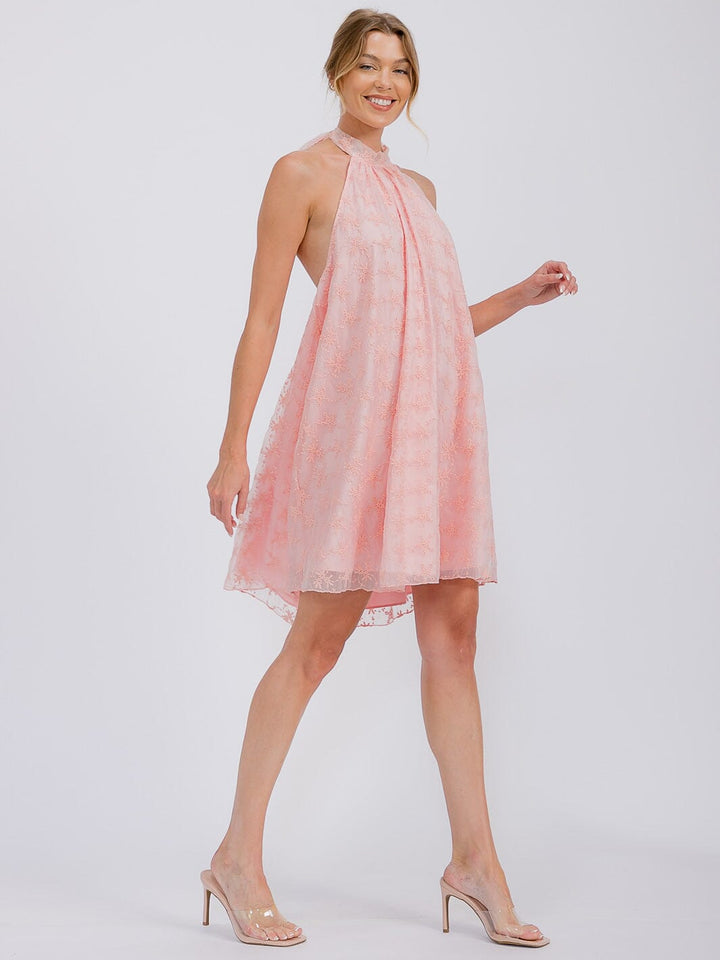 WOMEN'S SLEEVELESS HALTER NECK CROCHET FLORAL MINI DRESS