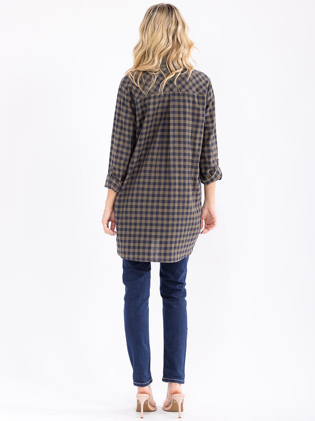 WOMEN'S LONG SLEEVE BUTTON UP TUNIC PLAID SHIRT