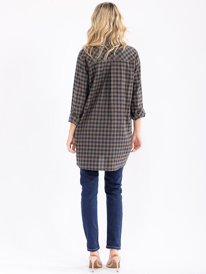 WOMEN'S LONG SLEEVE BUTTON UP TUNIC PLAID SHIRT