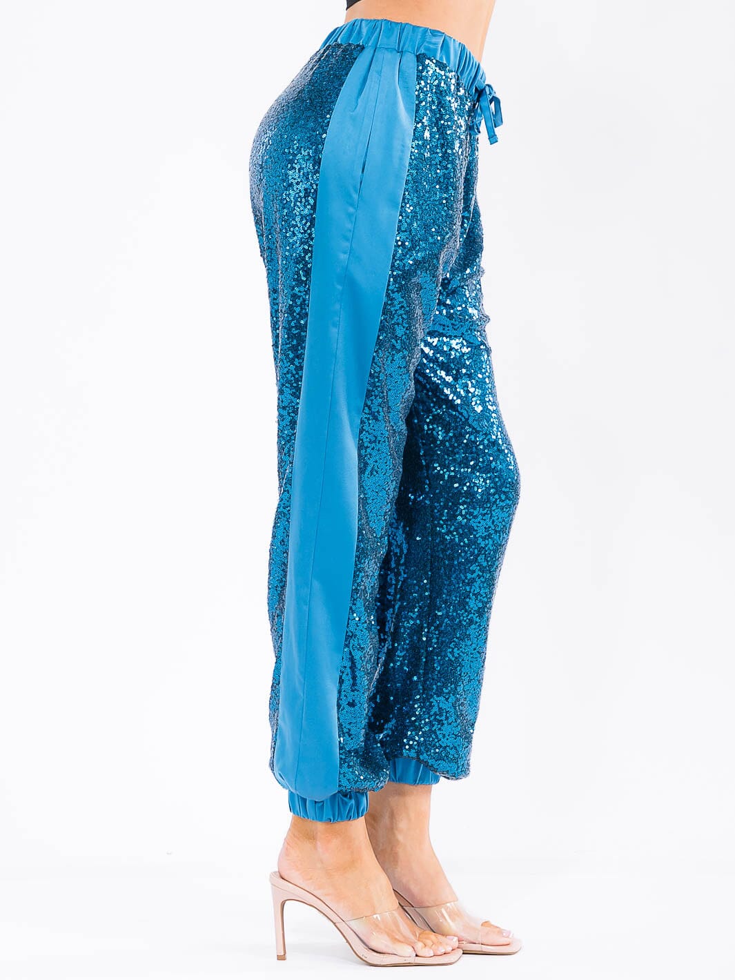 WOMEN'S ELASTIC WAIST POCKETS SEQUINS JOGGER PANTS