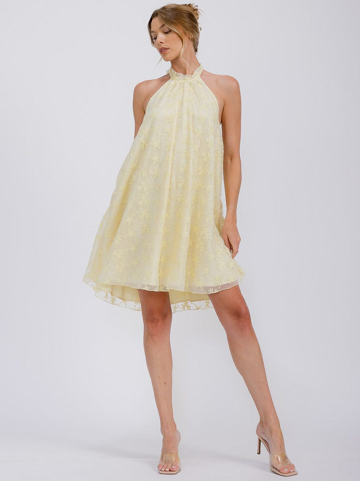 WOMEN'S SLEEVELESS HALTER NECK CROCHET FLORAL MINI DRESS