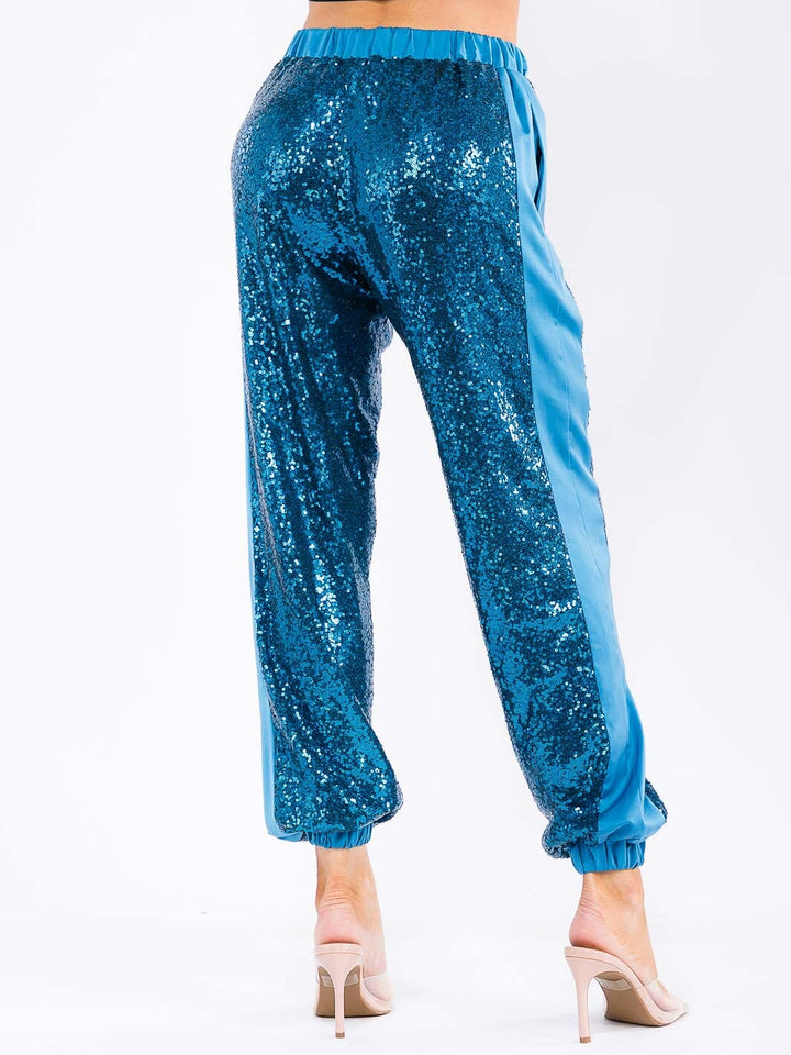 WOMEN'S ELASTIC WAIST POCKETS SEQUINS JOGGER PANTS