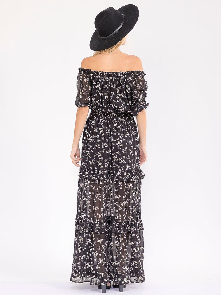 WOMEN'S SHORT SLEEVE SMOCK WAIST FLORAL TIERED MAXI DRESS