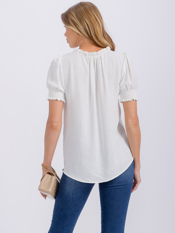 WOMEN'S SHORT PUFF SLEEVE V-NECK BLOUSE