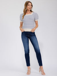 WOMEN'S SHORT PUFF SLEEVE SQUARE NECK COLORBLOCK STRIPES BLOUSE