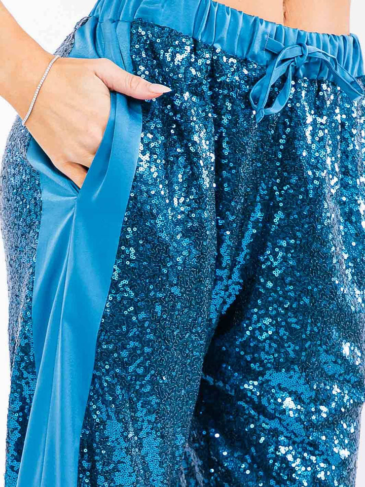 WOMEN'S ELASTIC WAIST POCKETS SEQUINS JOGGER PANTS