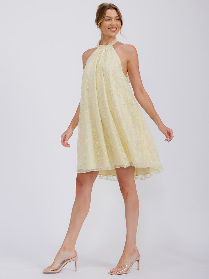 WOMEN'S SLEEVELESS HALTER NECK CROCHET FLORAL MINI DRESS