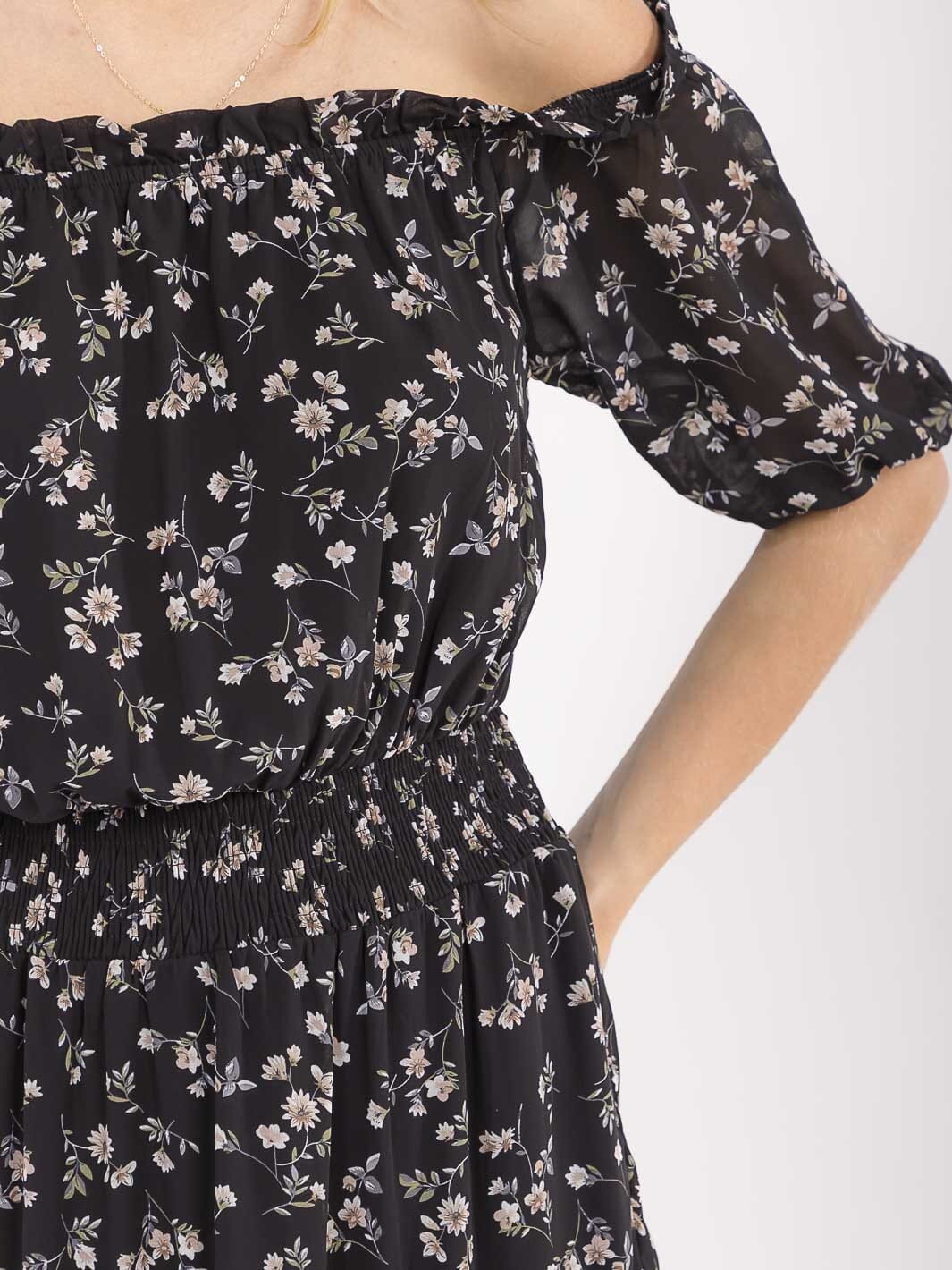 WOMEN'S SHORT SLEEVE SMOCK WAIST FLORAL TIERED MAXI DRESS