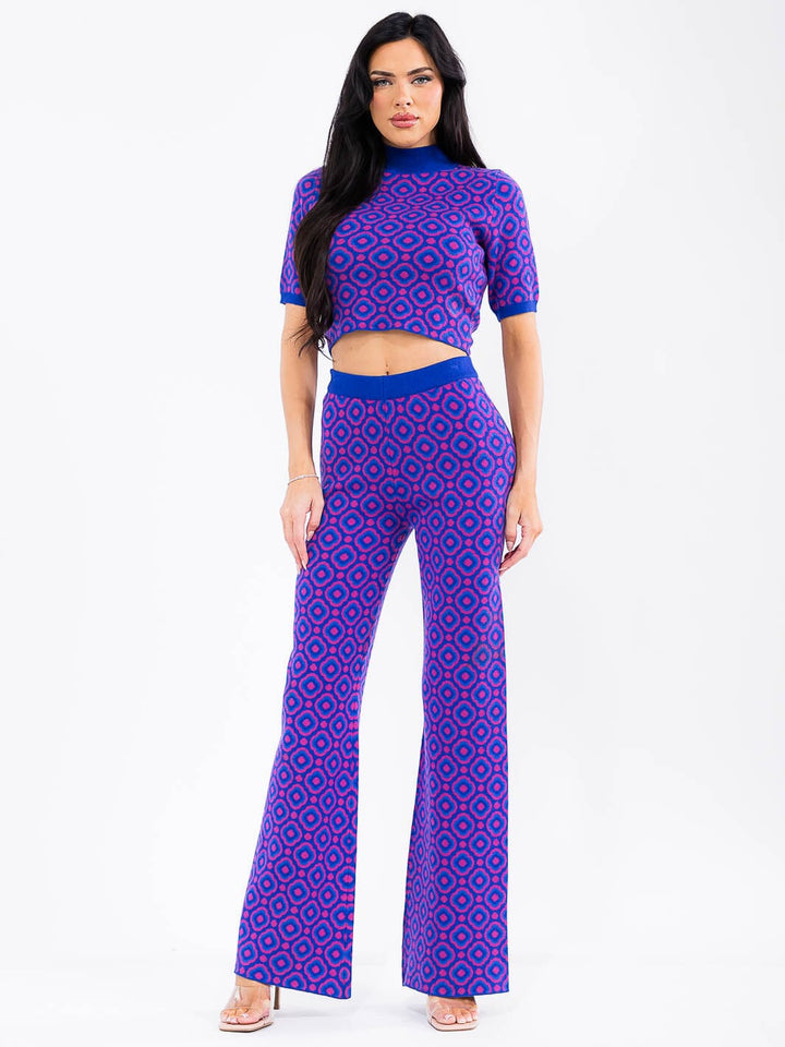 WOMEN'S SHORT SLEEVE CROP TOP & ELASTIC WAIST PANTS COLORBLOCK PRINTED 2PC.SET