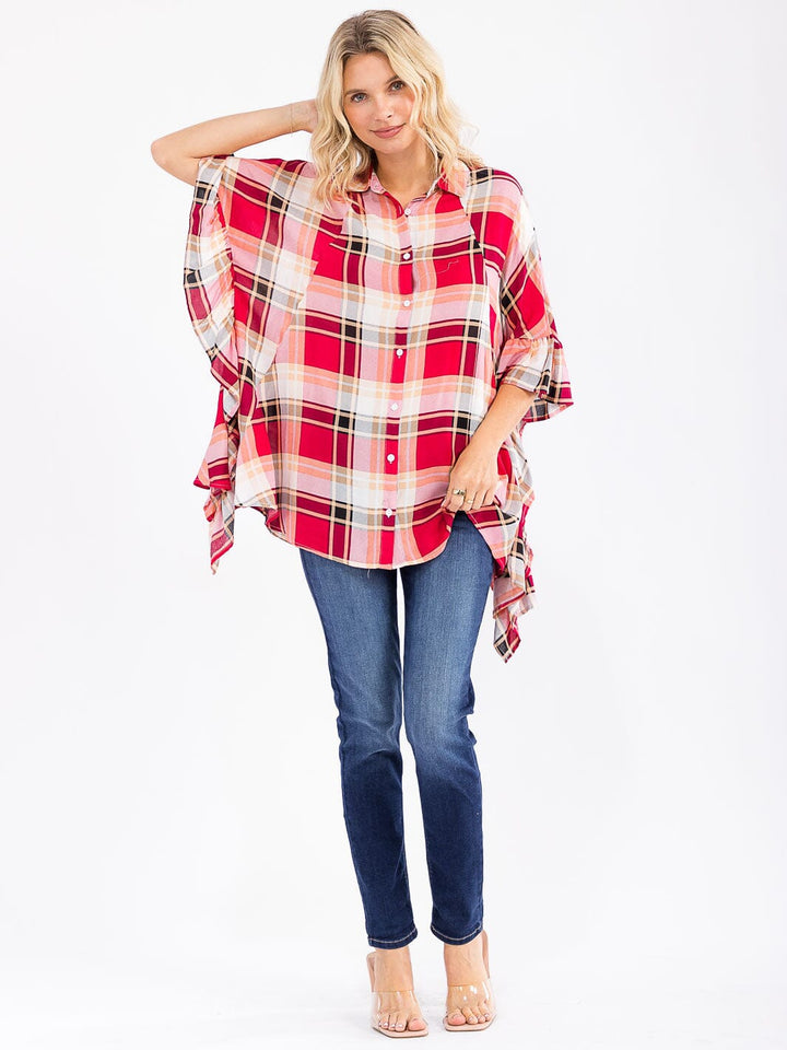 WOMEN'S SHORT SLEEVE BUTTON UP RUFFLE PLAID TUNIC TOP