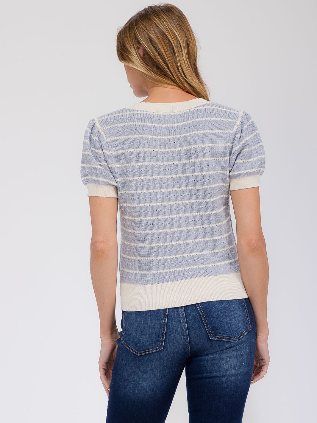 WOMEN'S SHORT PUFF SLEEVE SQUARE NECK COLORBLOCK STRIPES BLOUSE