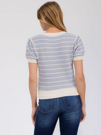 WOMEN'S SHORT PUFF SLEEVE SQUARE NECK COLORBLOCK STRIPES BLOUSE