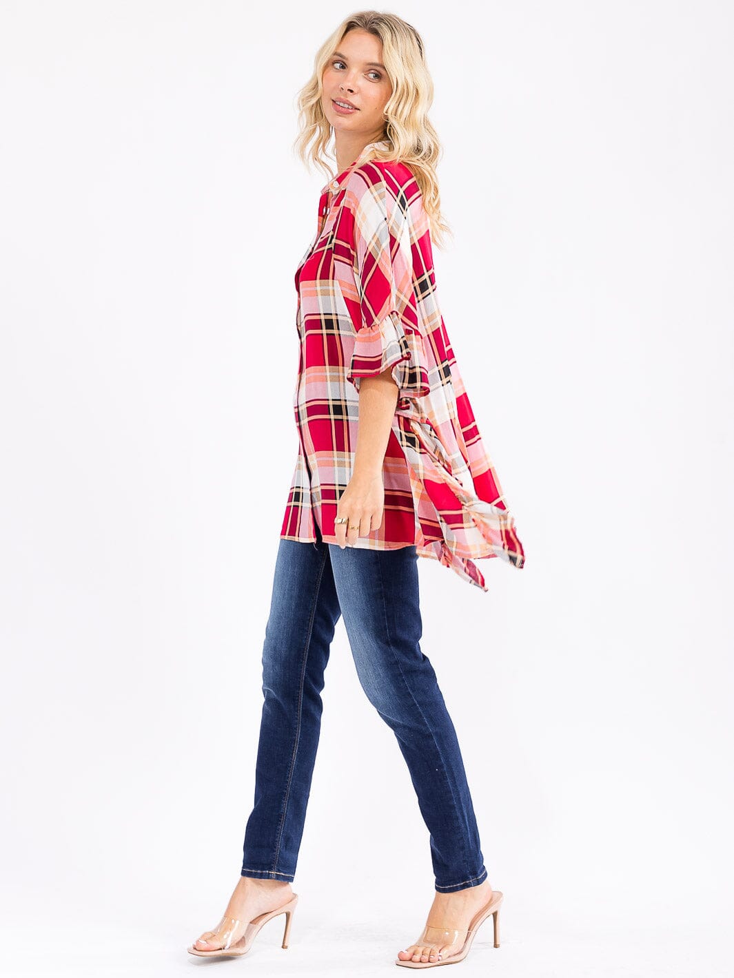 WOMEN'S SHORT SLEEVE BUTTON UP RUFFLE PLAID TUNIC TOP