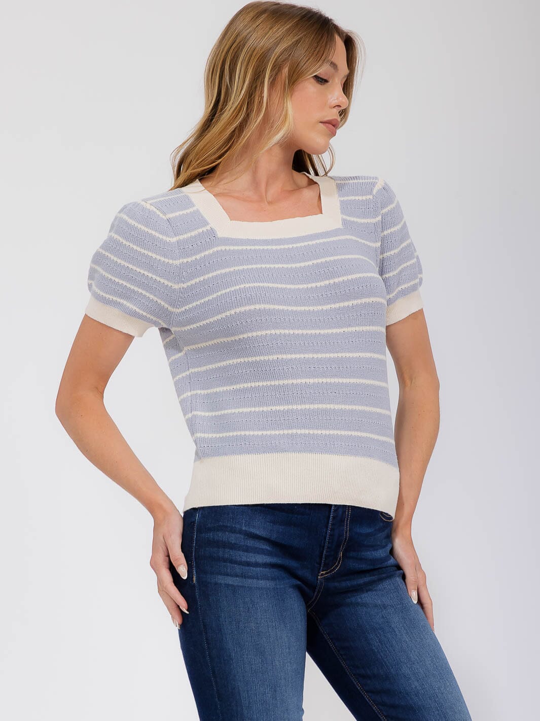 WOMEN'S SHORT PUFF SLEEVE SQUARE NECK COLORBLOCK STRIPES BLOUSE