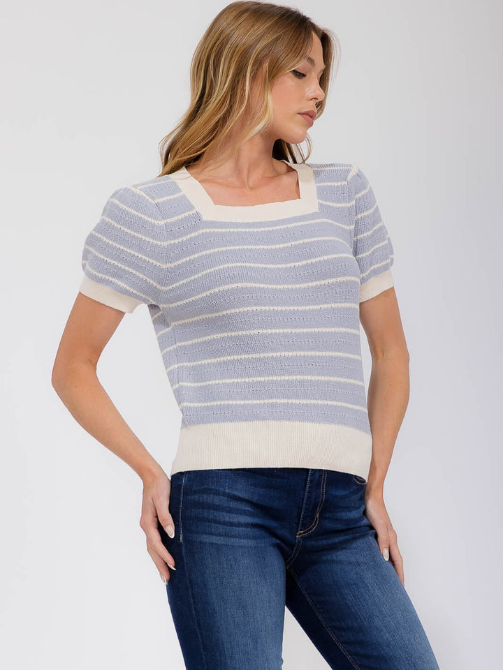 WOMEN'S SHORT PUFF SLEEVE SQUARE NECK COLORBLOCK STRIPES BLOUSE