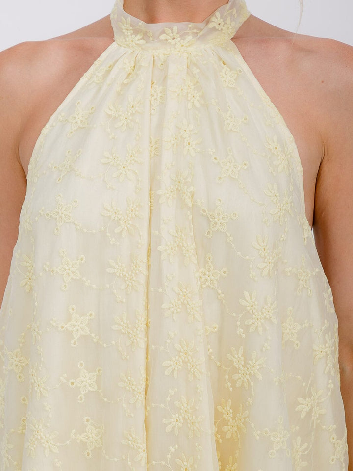 WOMEN'S SLEEVELESS HALTER NECK CROCHET FLORAL MINI DRESS