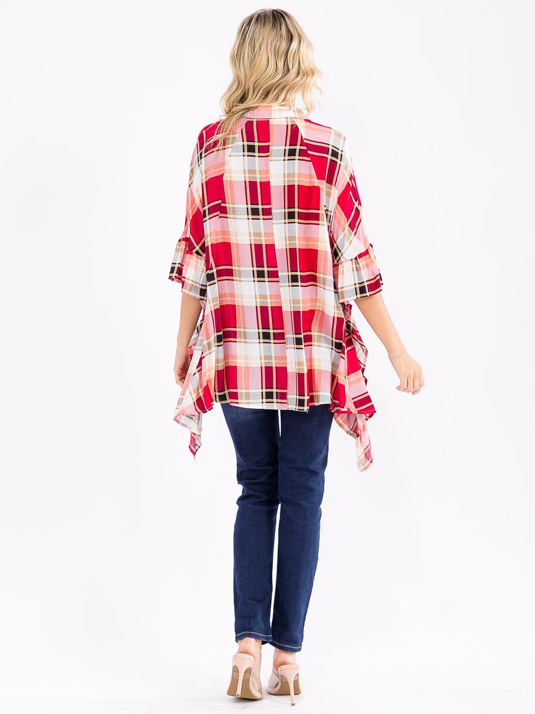 WOMEN'S SHORT SLEEVE BUTTON UP RUFFLE PLAID TUNIC TOP