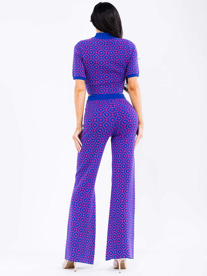 WOMEN'S SHORT SLEEVE CROP TOP & ELASTIC WAIST PANTS COLORBLOCK PRINTED 2PC.SET